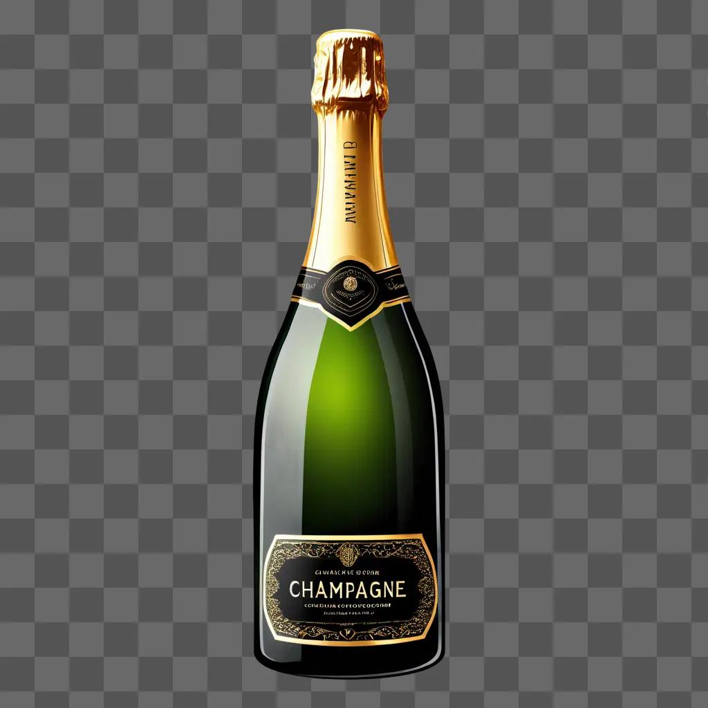 Green bottle of champagne with gold cap and label