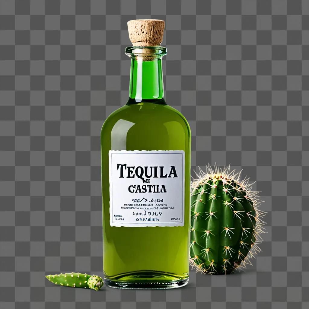 Green bottle with tequila and cactus in background