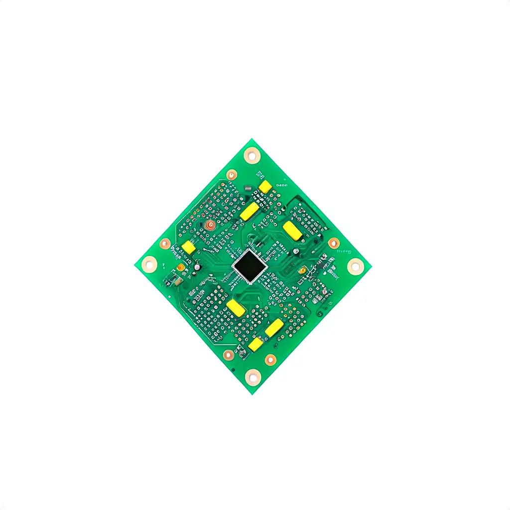 Green circuit board with yellow components and black processor