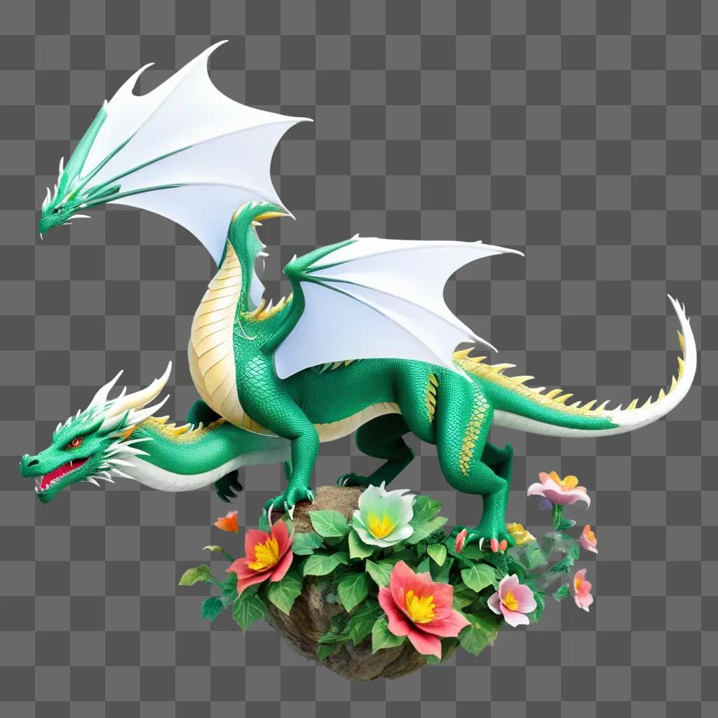 Green dragon with flowers on a rock