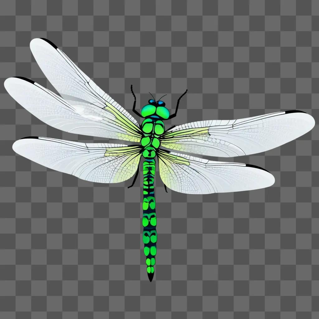 Green dragonfly with black wings and green antennae