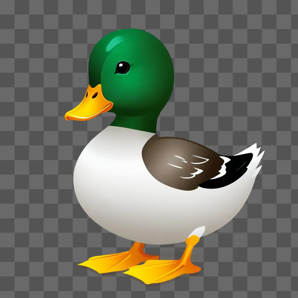 Green duck with yellow beak and orange feet