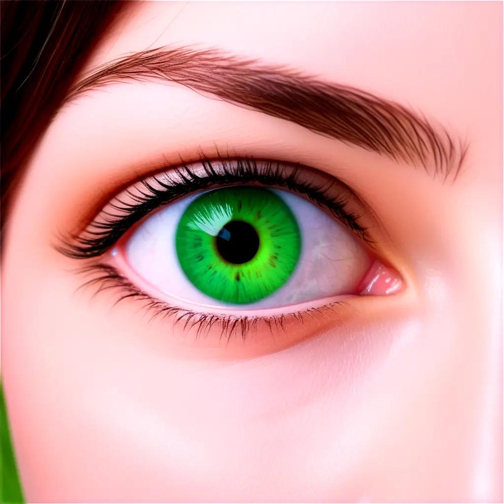 Green eye with eyelashes and eyebrows in focus