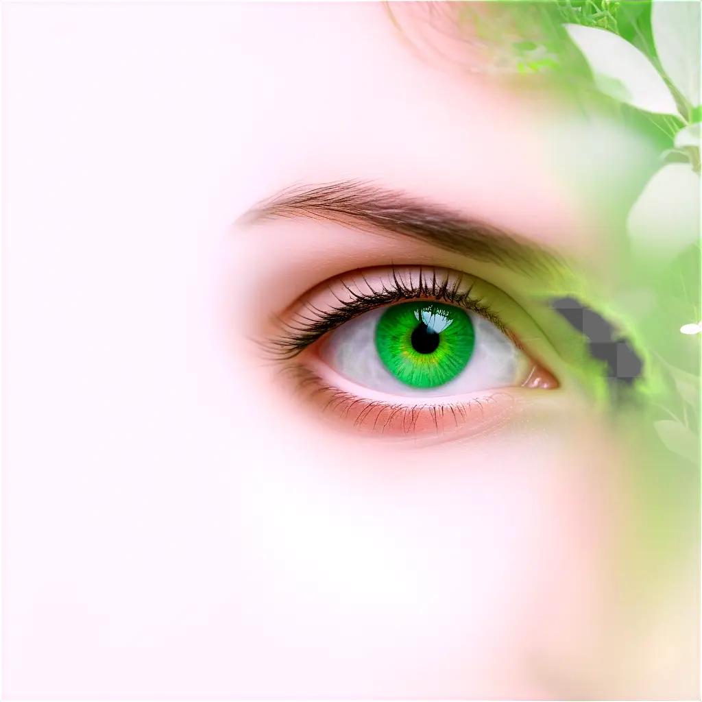 Green eye with white background and green leaves