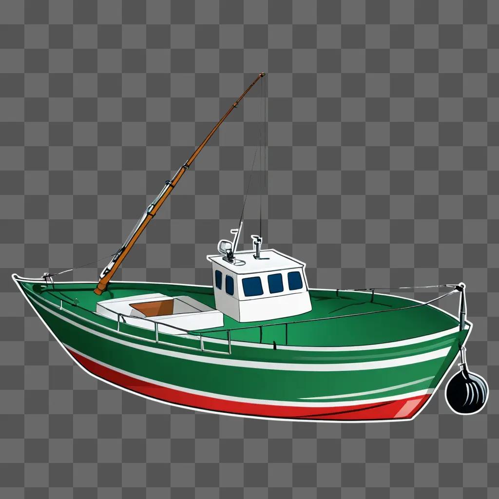 Green fishing boat with rod on deck