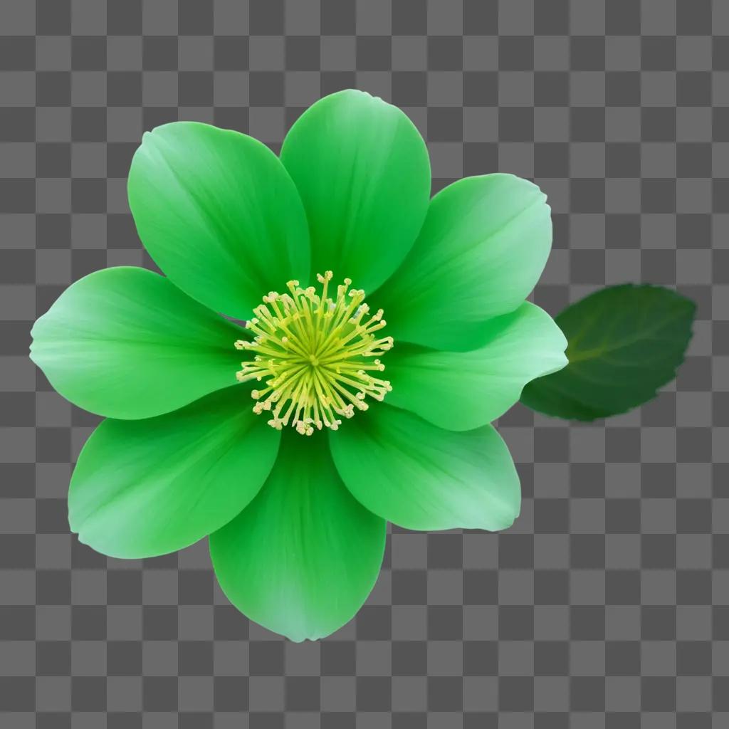 Green flower with leafy green stem and yellow center