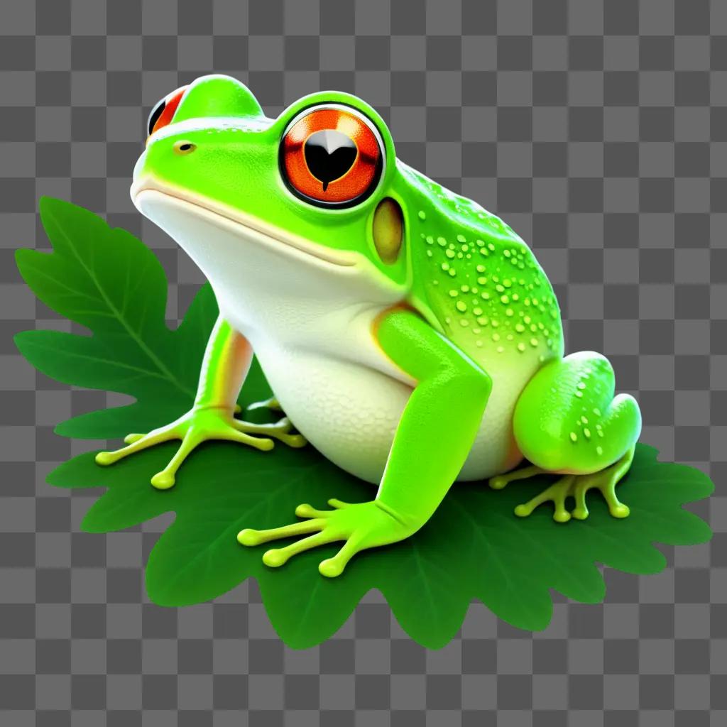 Green frog sitting on leaf with red eyes