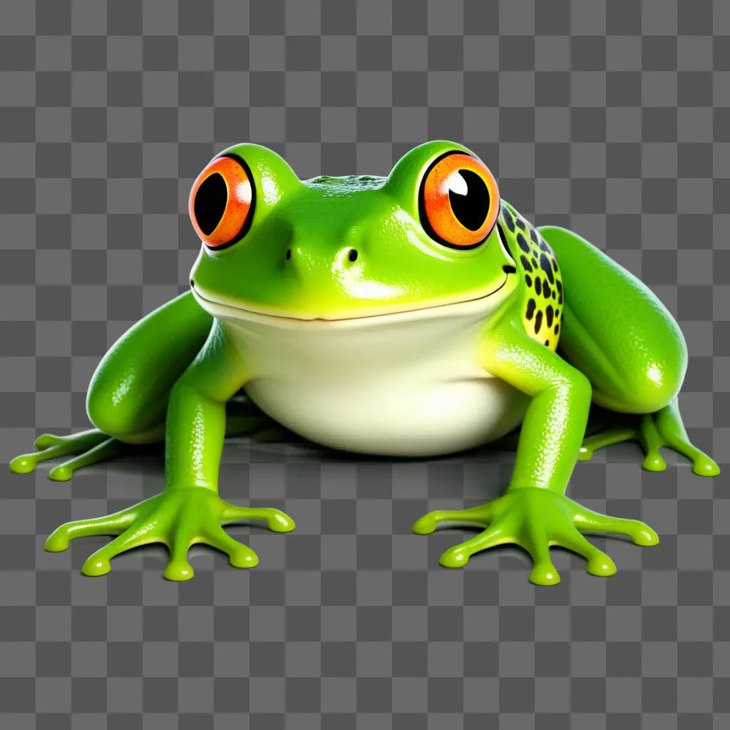 Green frog with black spots and orange eyes