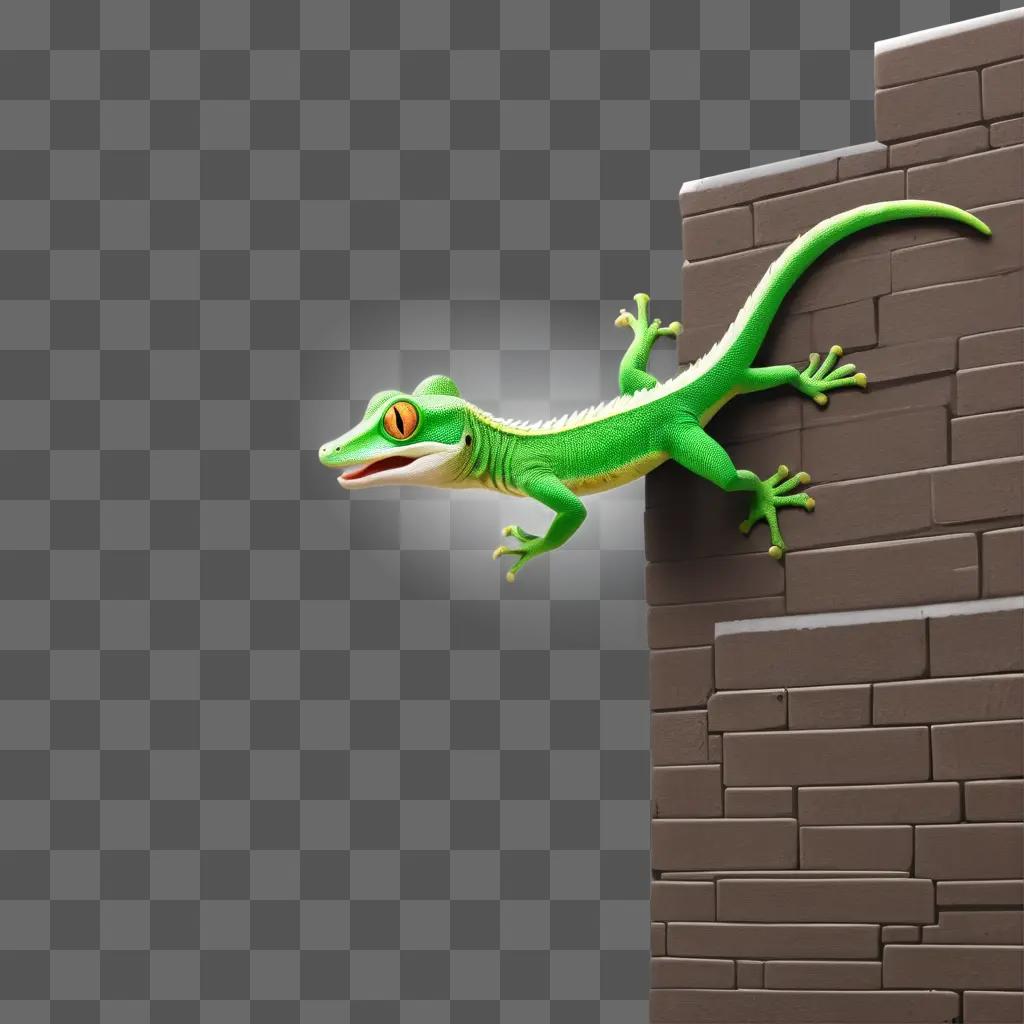 Green gecko leaps off a brick wall