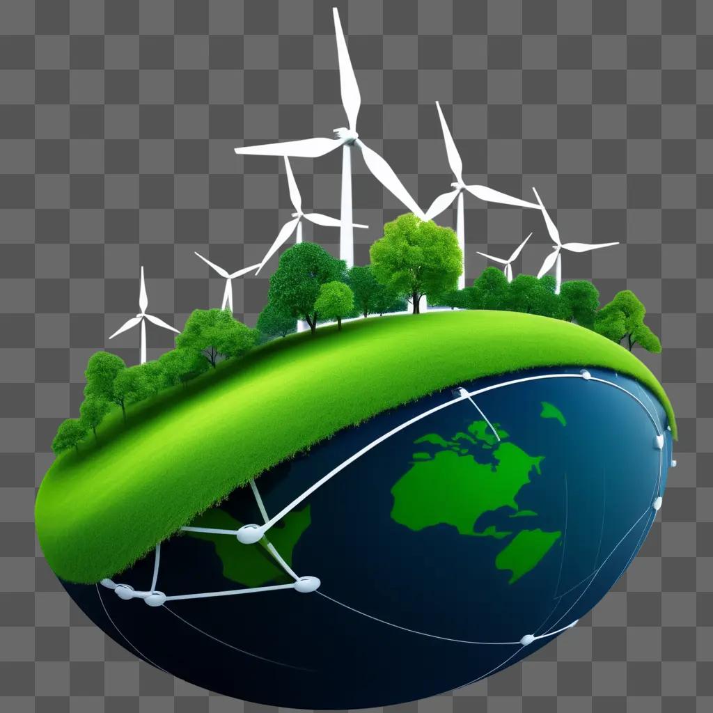 風車と木々のある緑の地球儀