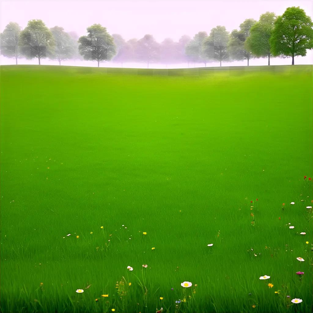 Green grass with flowers and trees