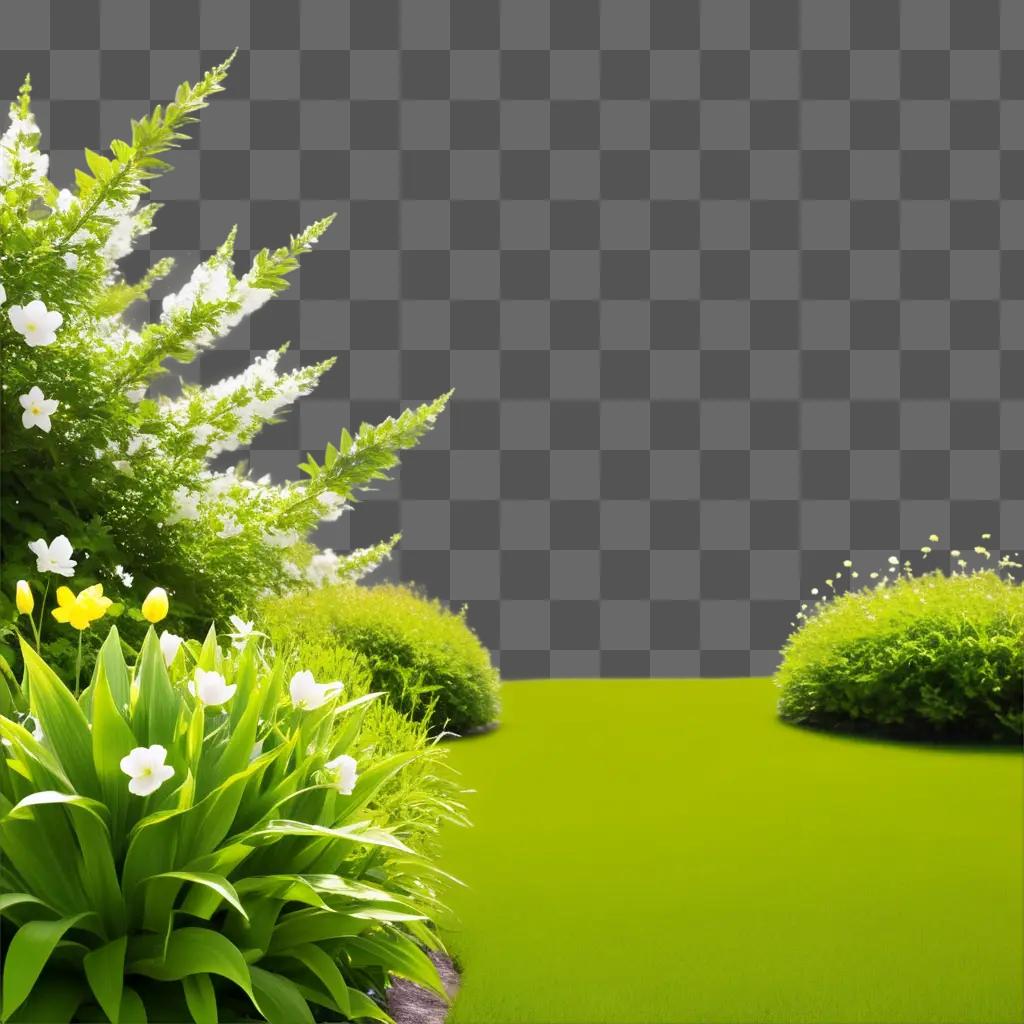 Green grassy area with white flowers and bushes