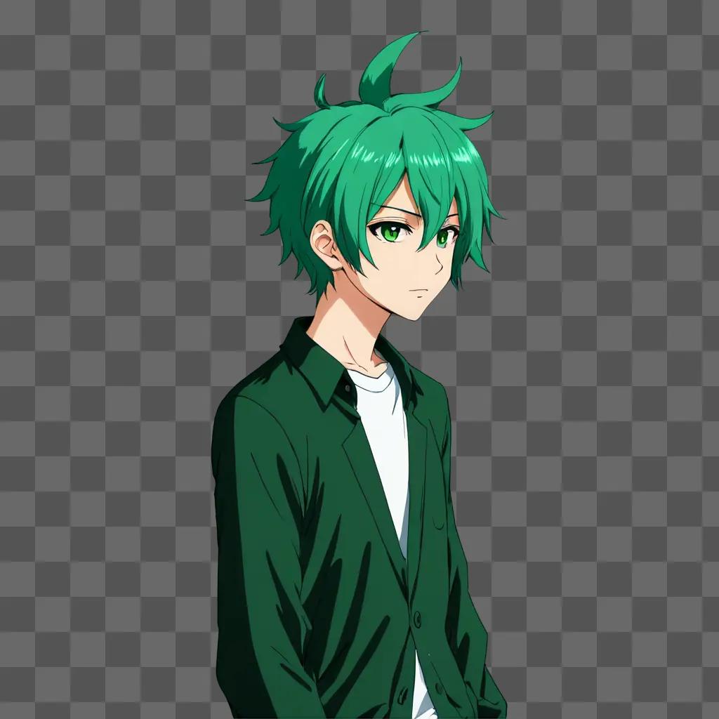 Green hair anime boy in green shirt and white shirt