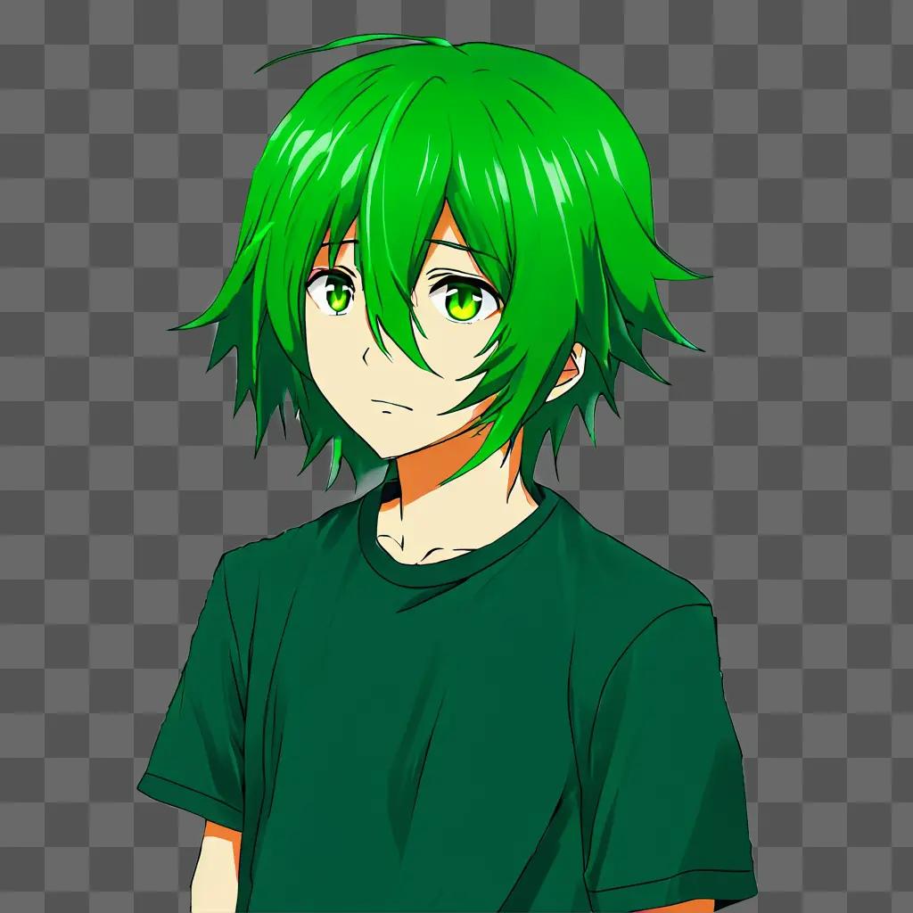 Green hair anime boy standing against a green background