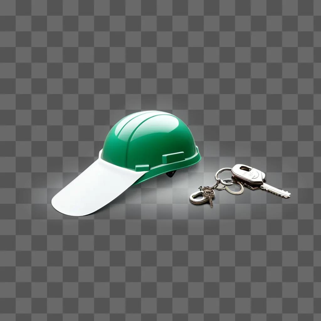 Green hard hat with key and keychain on white background