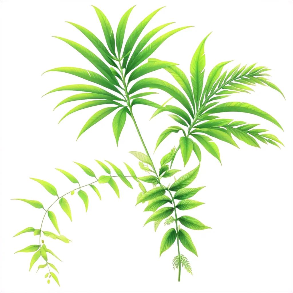 Green leaves and plant branches on white background