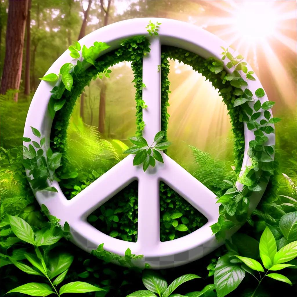 Green leaves surrounding peace sign in nature