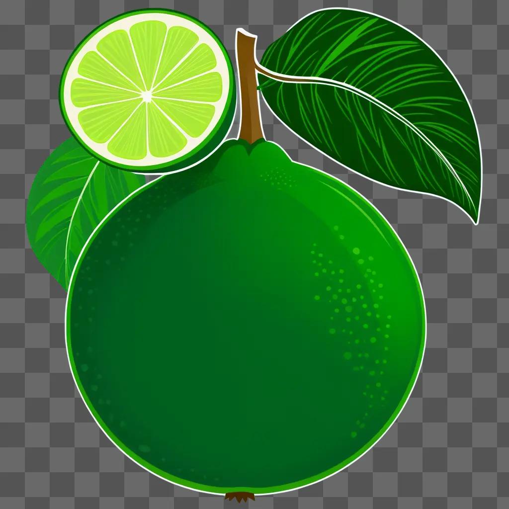 Green lime with a slice of lime and green leaves