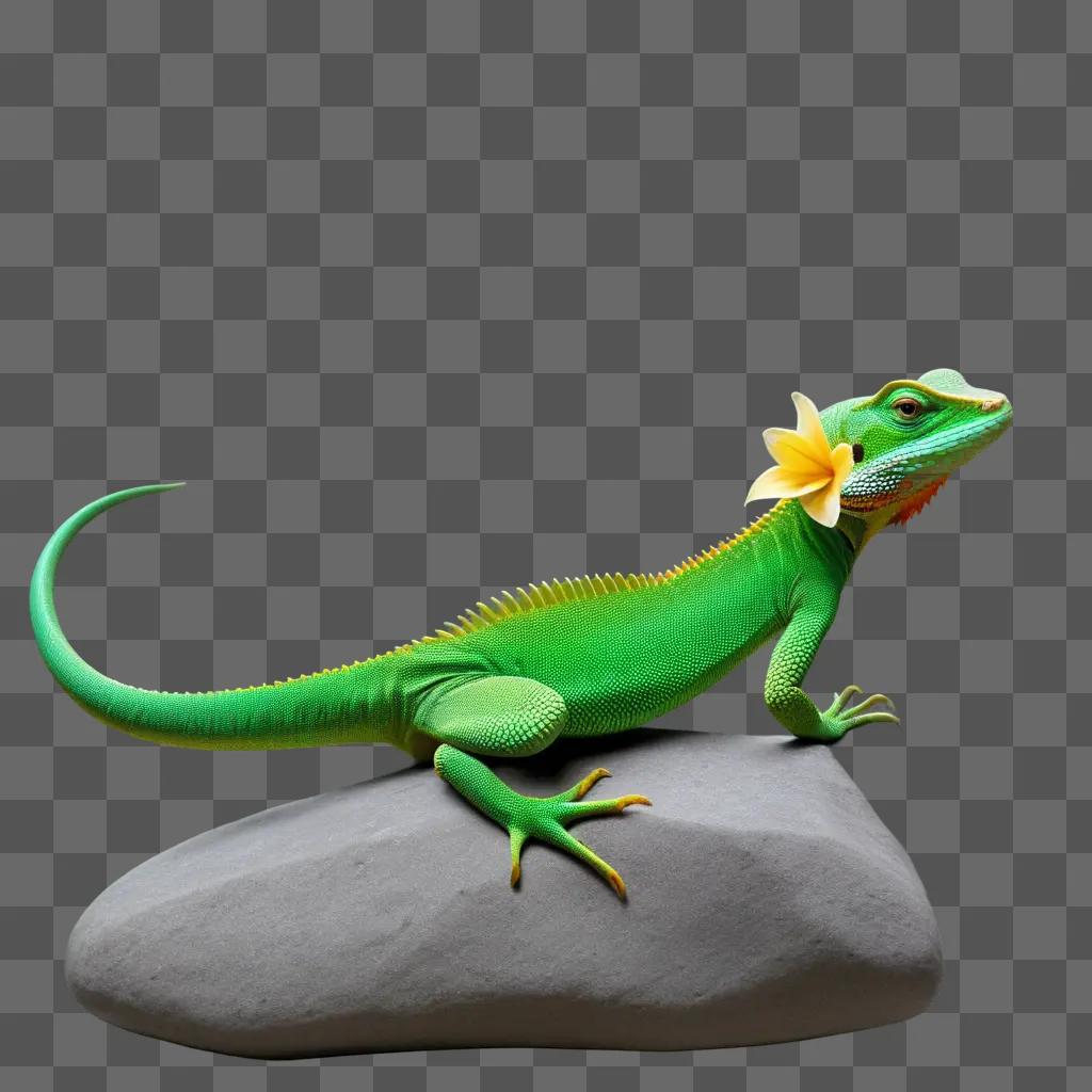 Green lizard on rock, flowers in its mouth