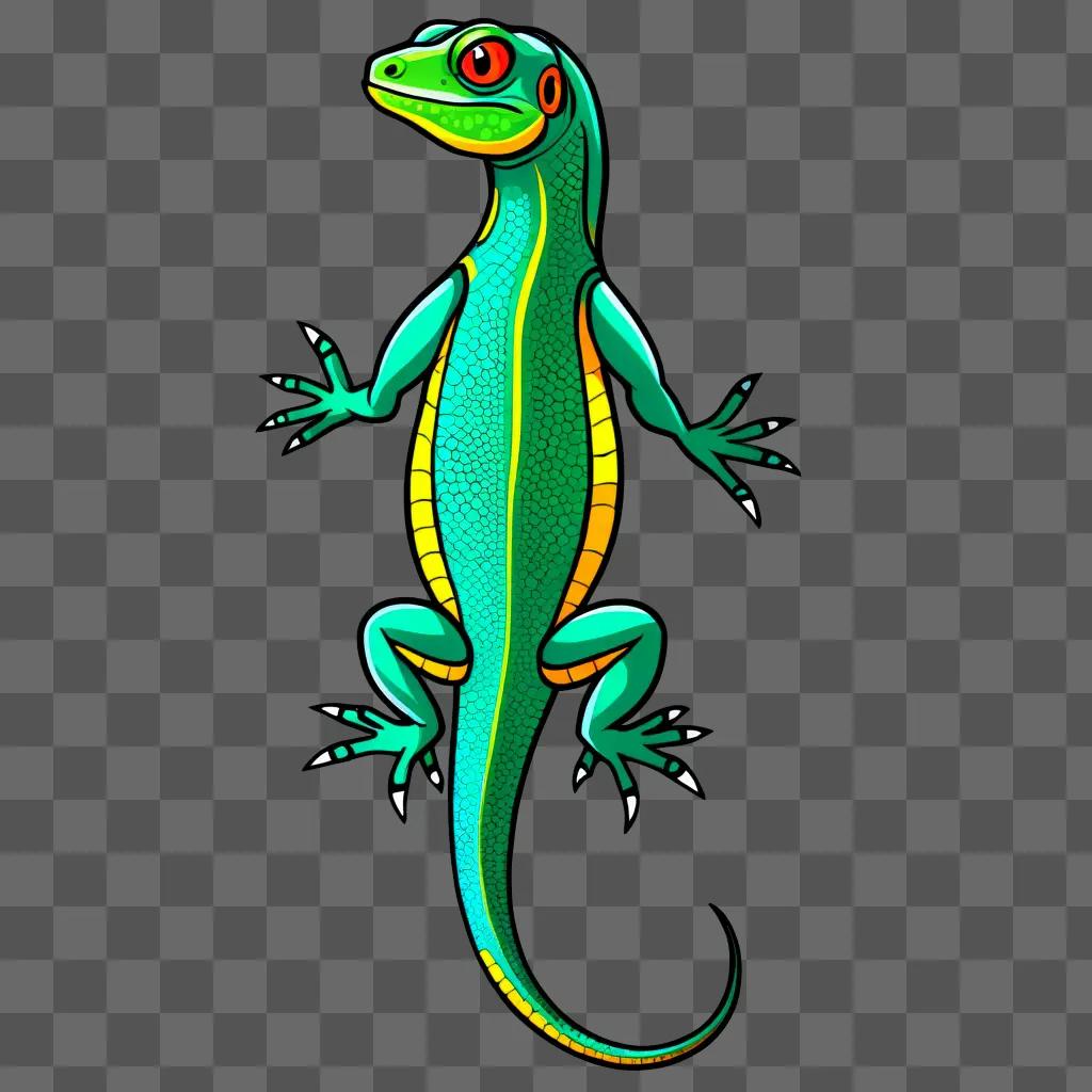 Green lizard with red eyes and orange tail