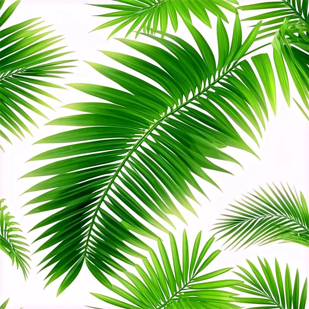 Green palm leaves form a pattern on a white background