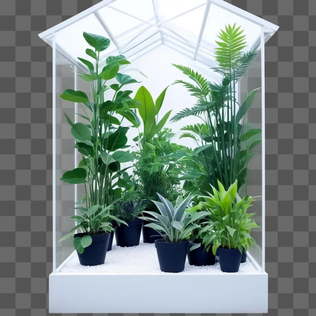 Green plants in a transparent greenhouse