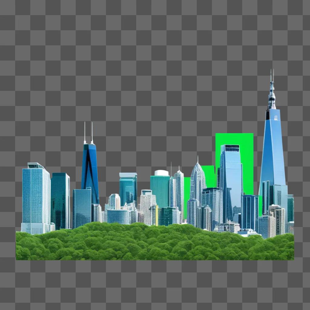 Green screen image of a city skyline