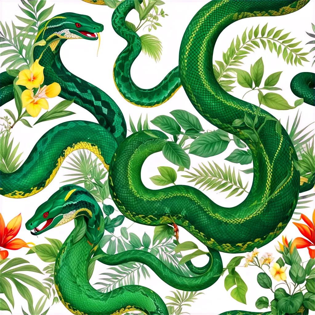 Green serpents wrap around tropical plants