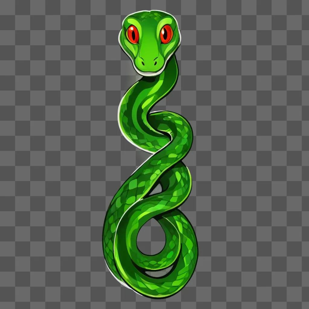 Green snake drawing with red eyes and a green background