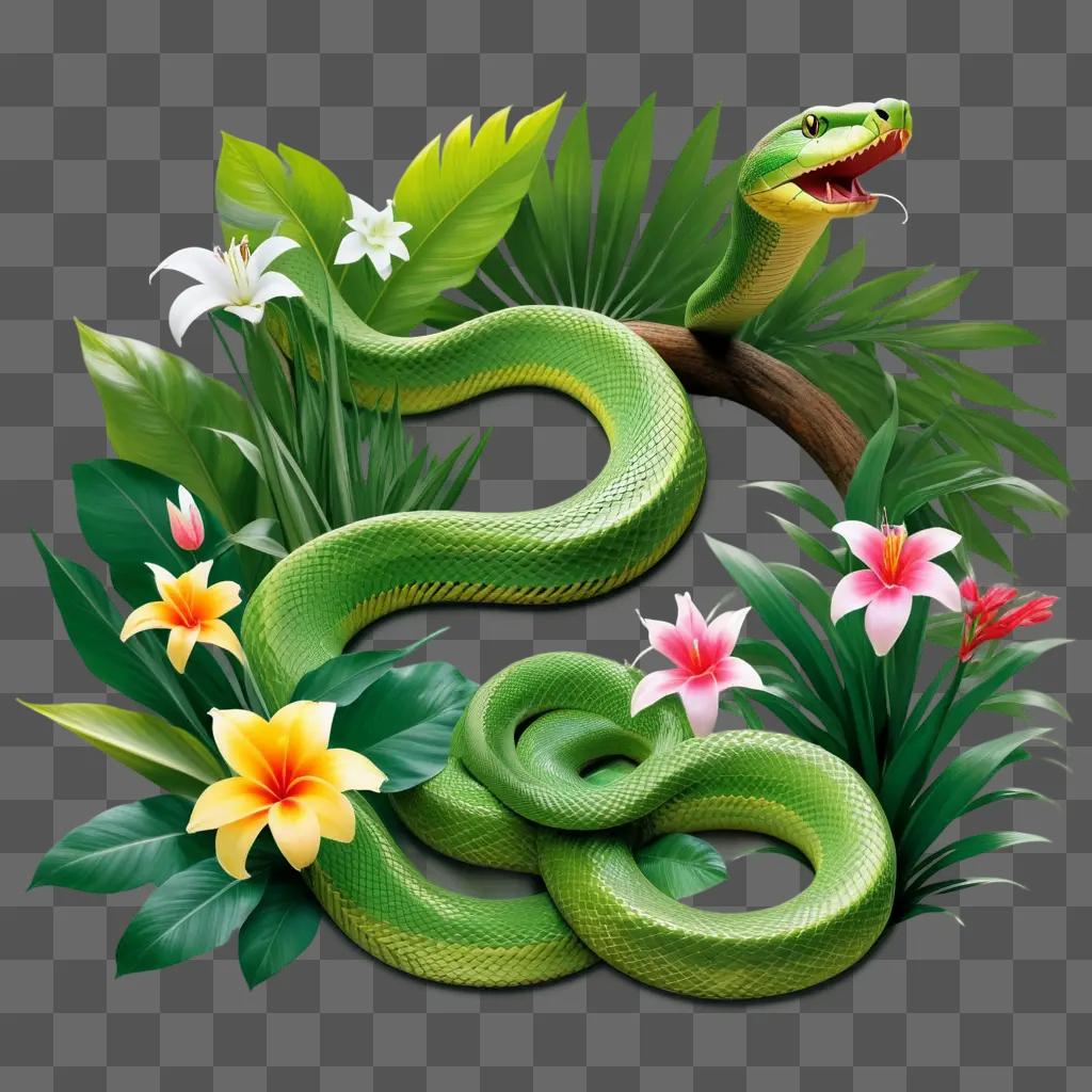 Green snake with yellow flowers around it