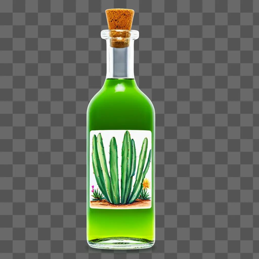 Green tequila bottle with cactus illustration