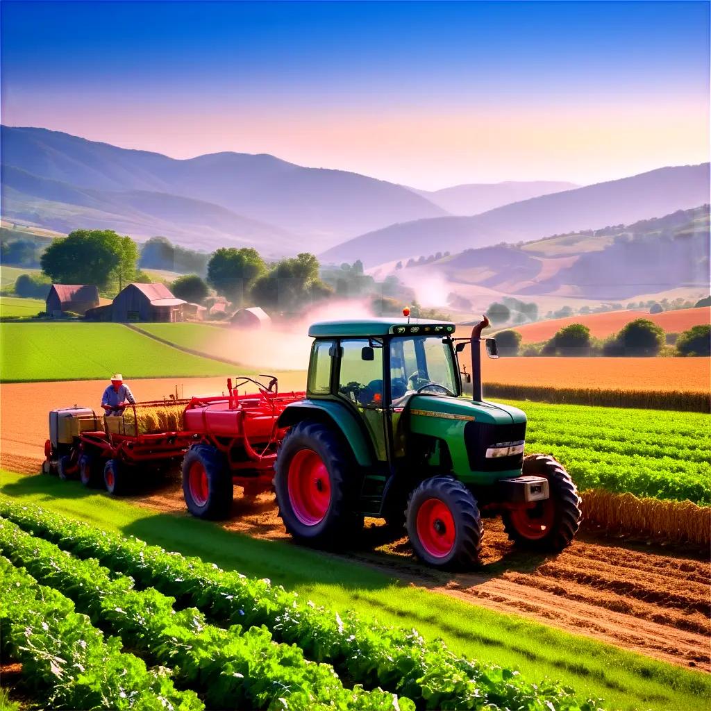 Green tractor drives through green fields of vegetables