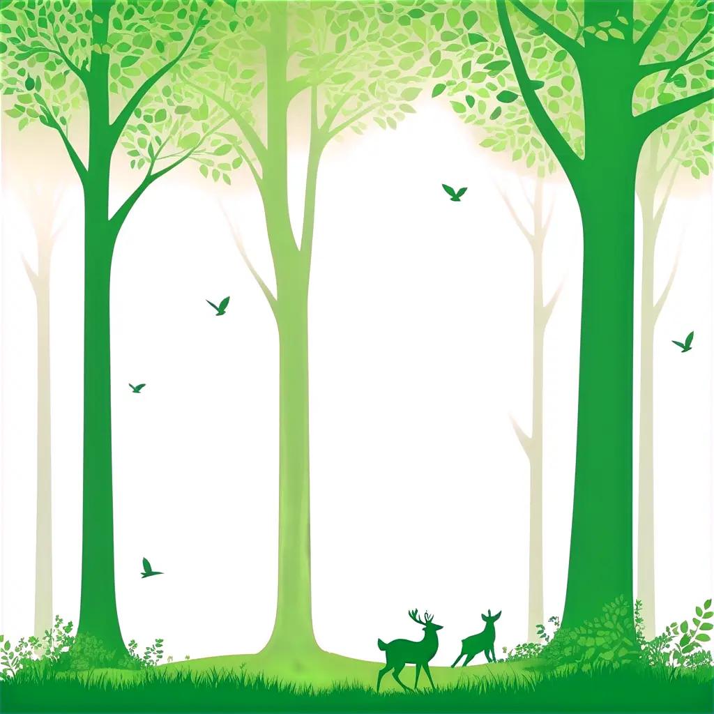 Green woodland scene with birds and deer