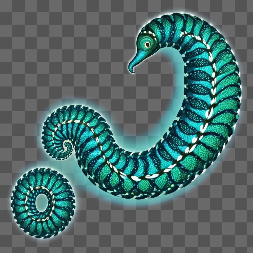 Green worm with blue spirals on a blue background