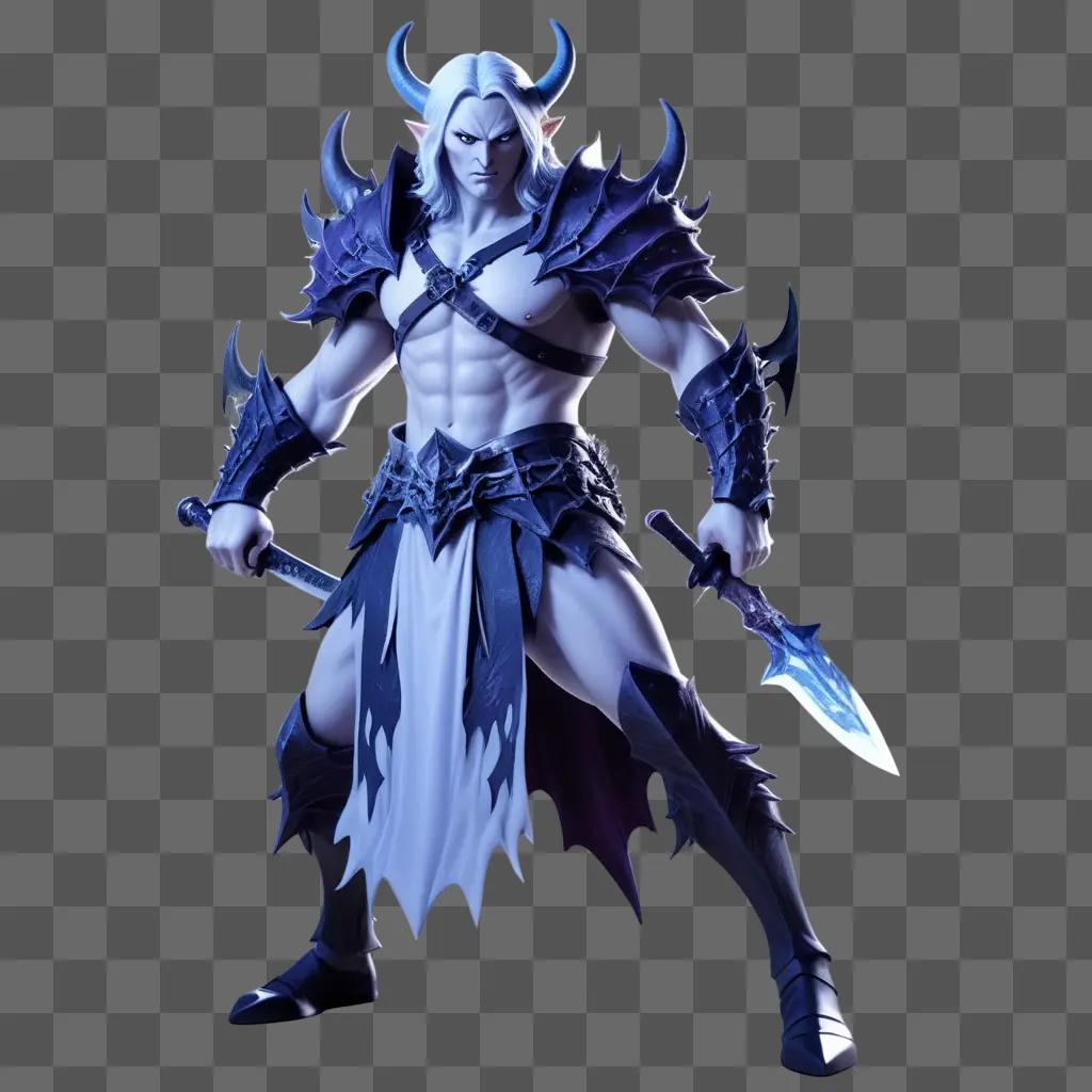 Grey demonic figure with transparent armor and weapons