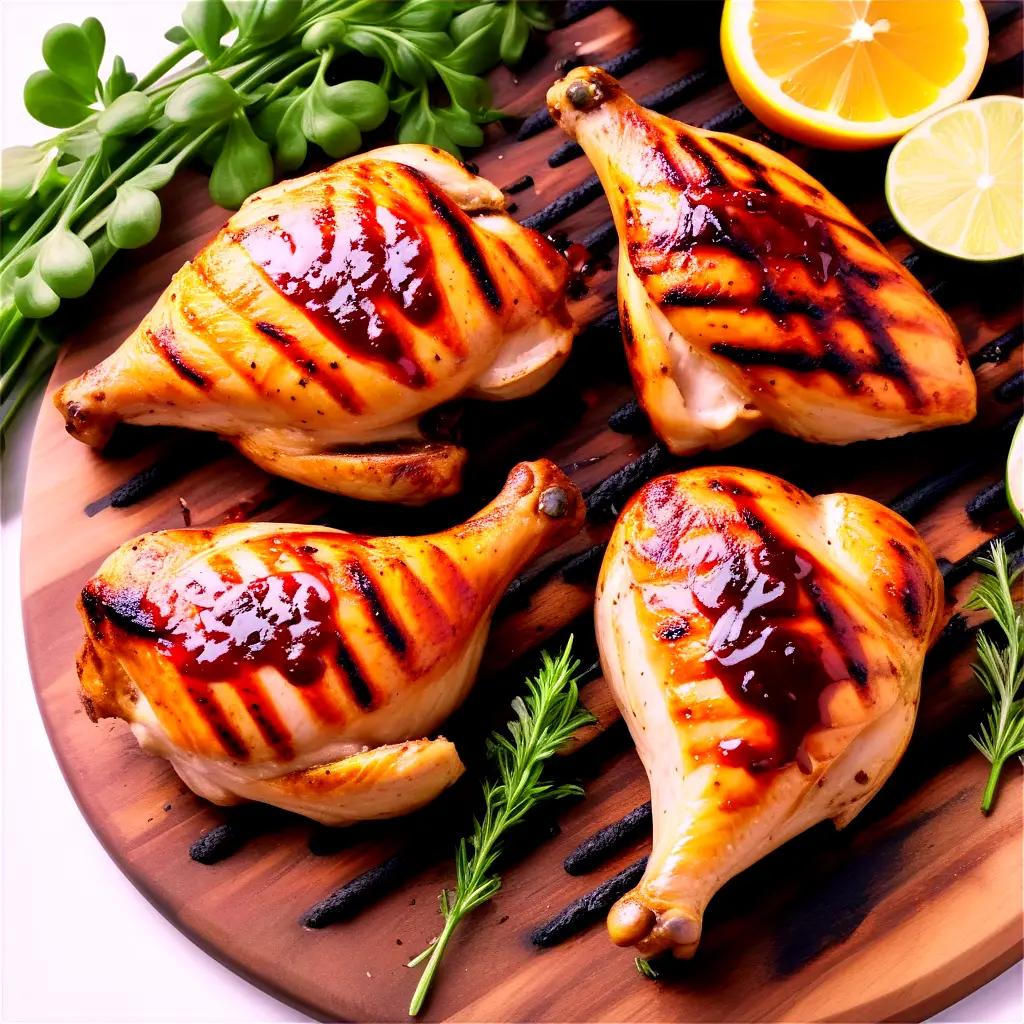 Grilled chicken on a board with green herbs and a lemon