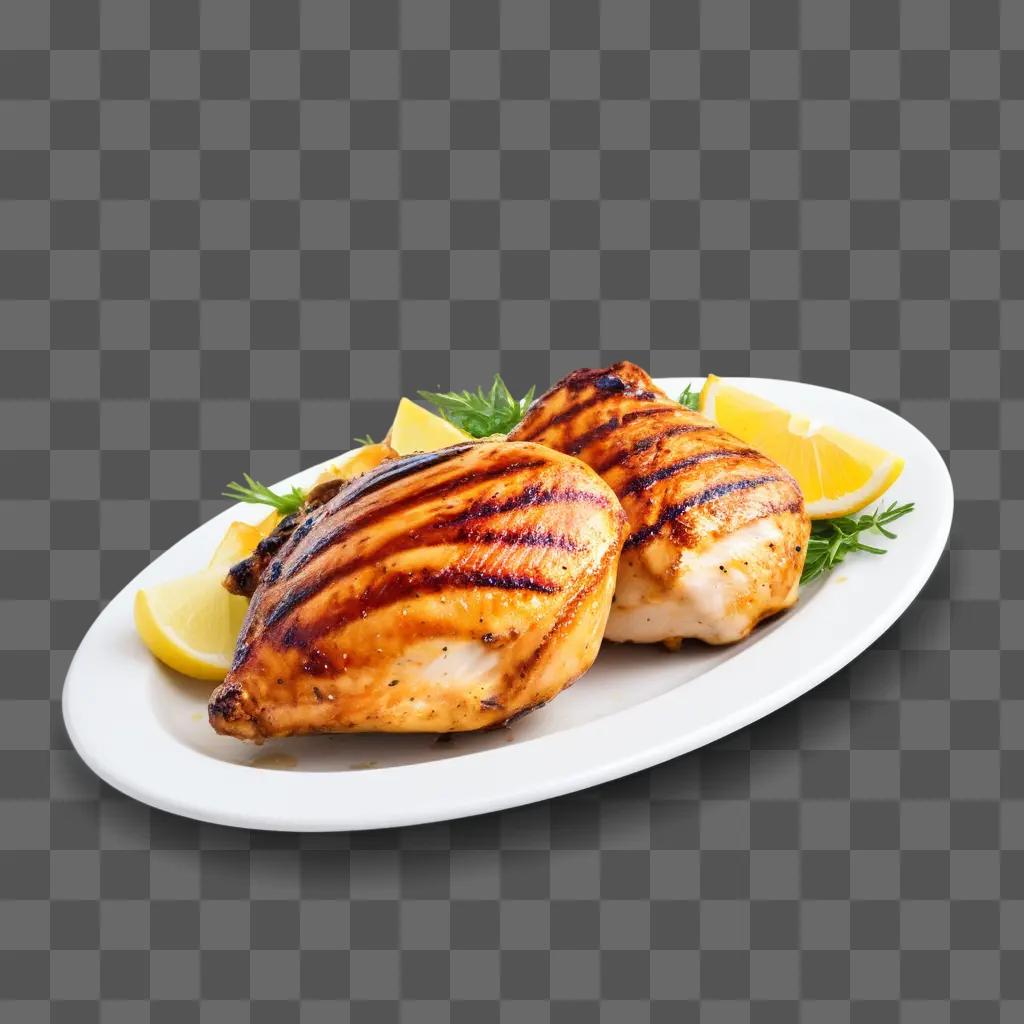 Grilled chicken on a plate with lemon and parsley garnish