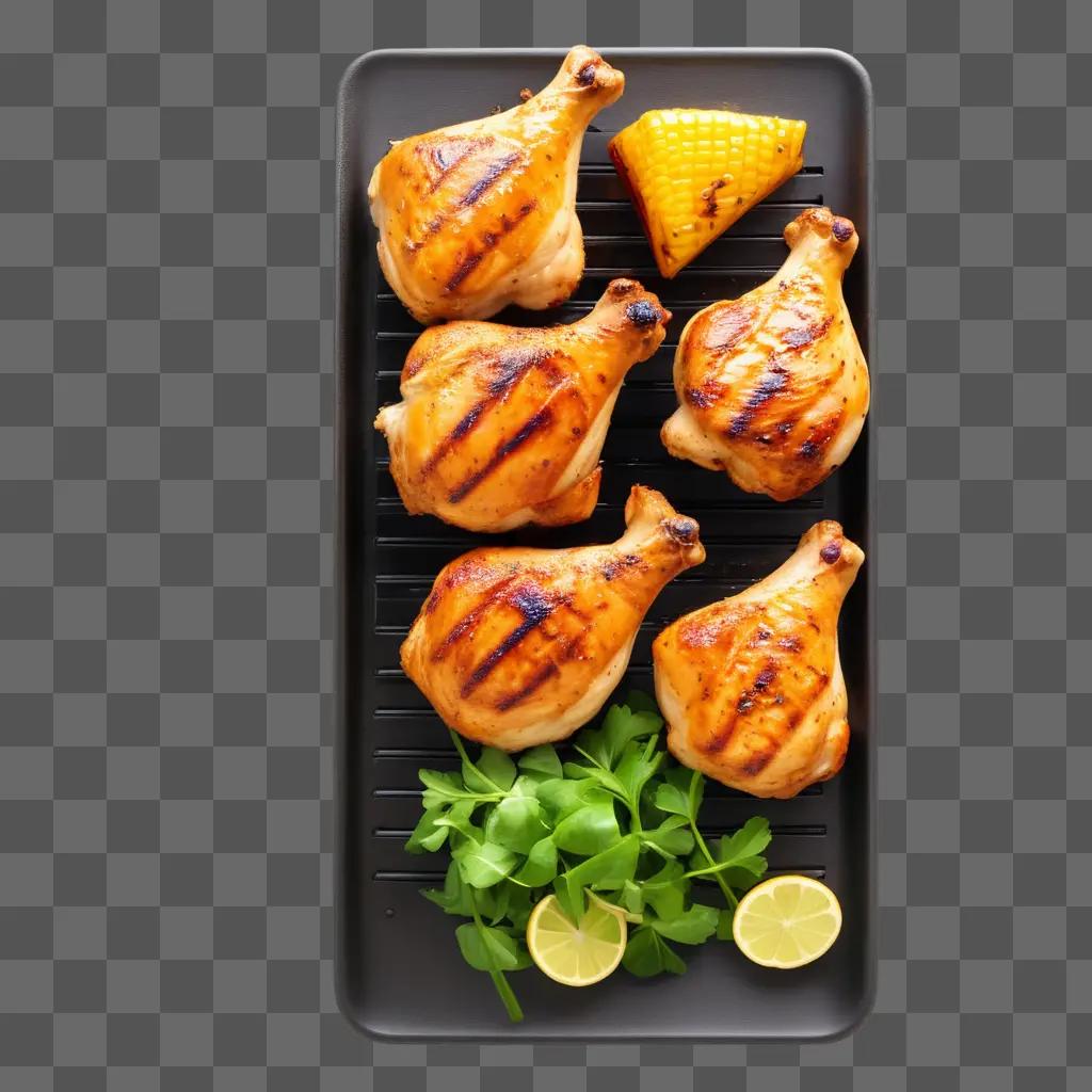 Grilled chicken with corn and green leaves on a tray