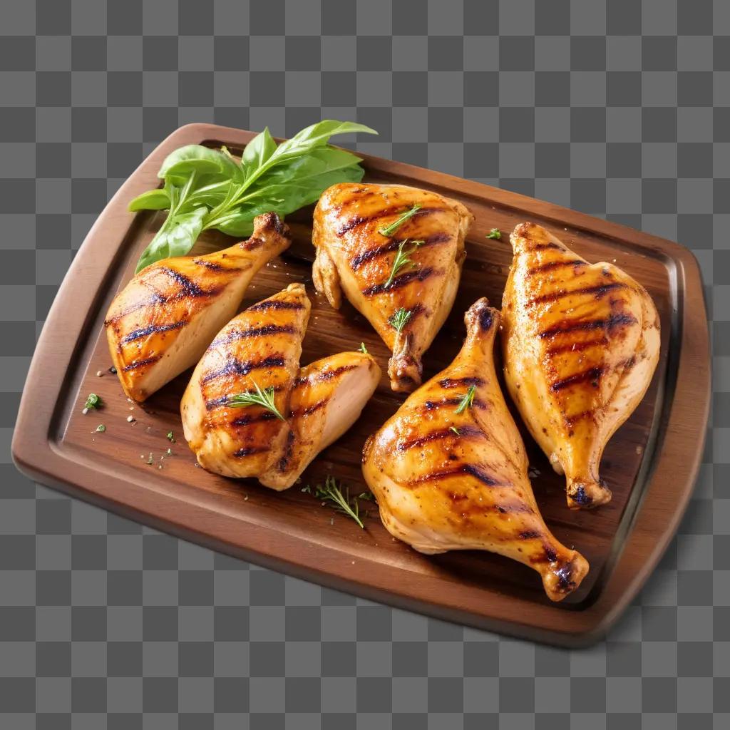 Grilled chicken with green herb and wooden tray