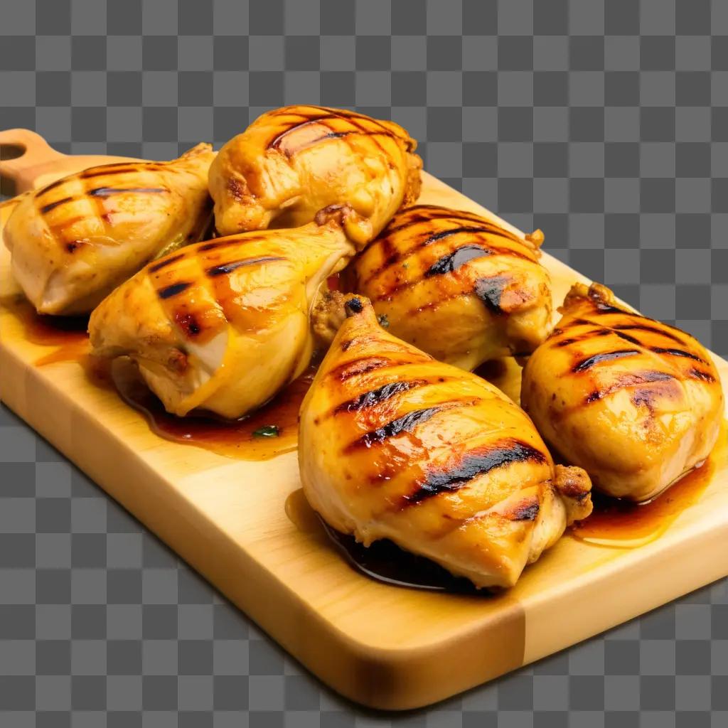 Grilled chicken with sauce on a wooden cutting board