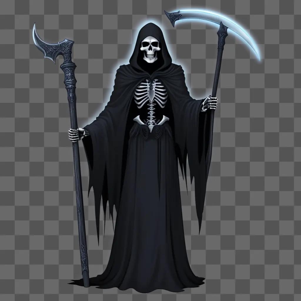 Grim Reaper holds a sword and a scythe