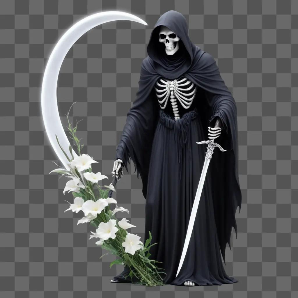 Grim Reaper holds sword and flowers, surrounded by a white moon