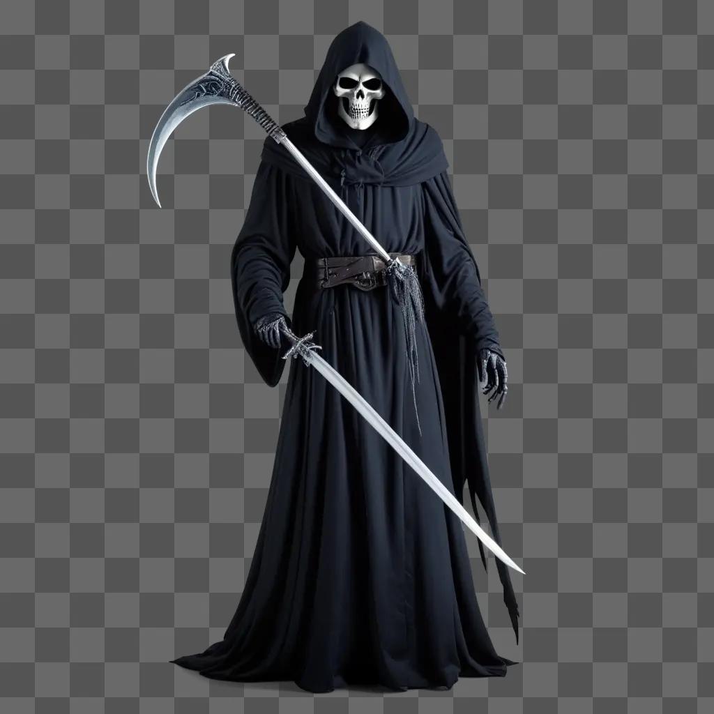 Grim Reaper in black holding a sword and scythe