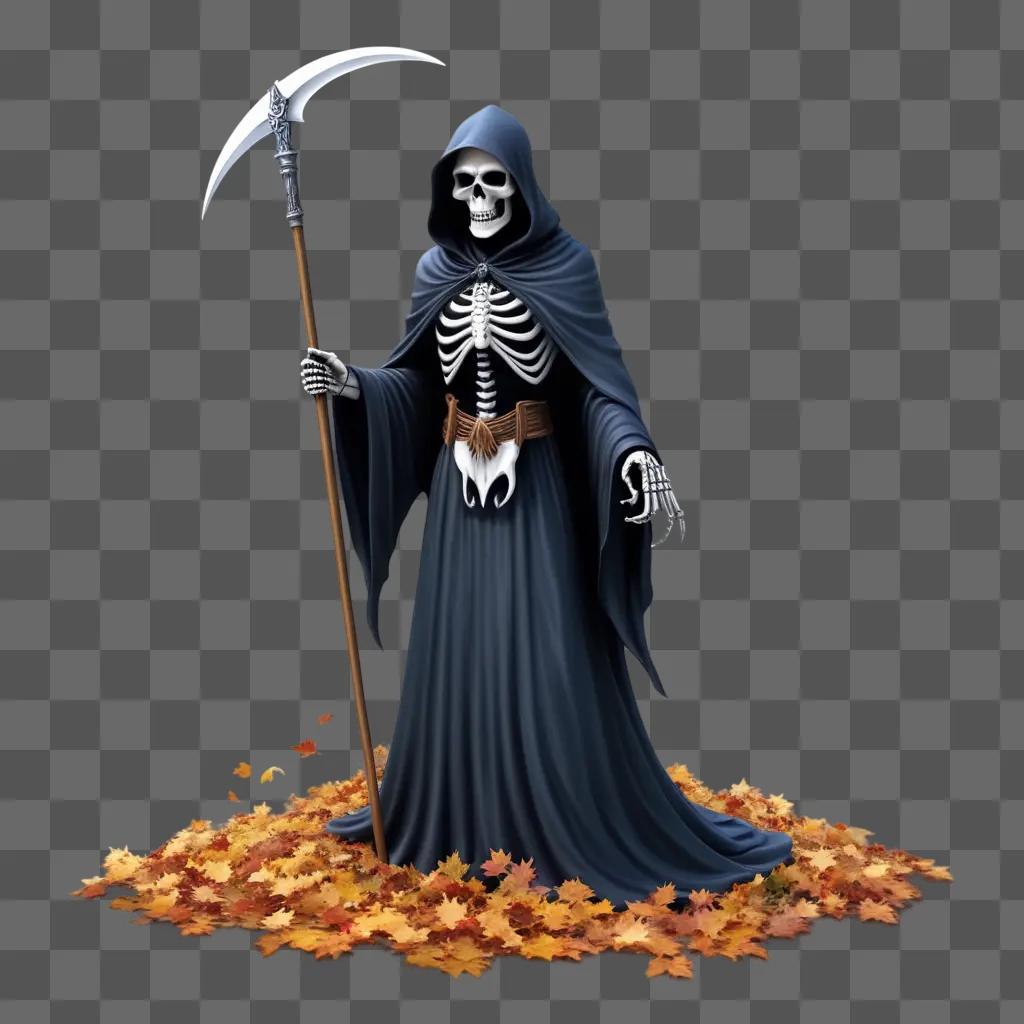 Grim Reaper in black robe holding scythe with leaves around him