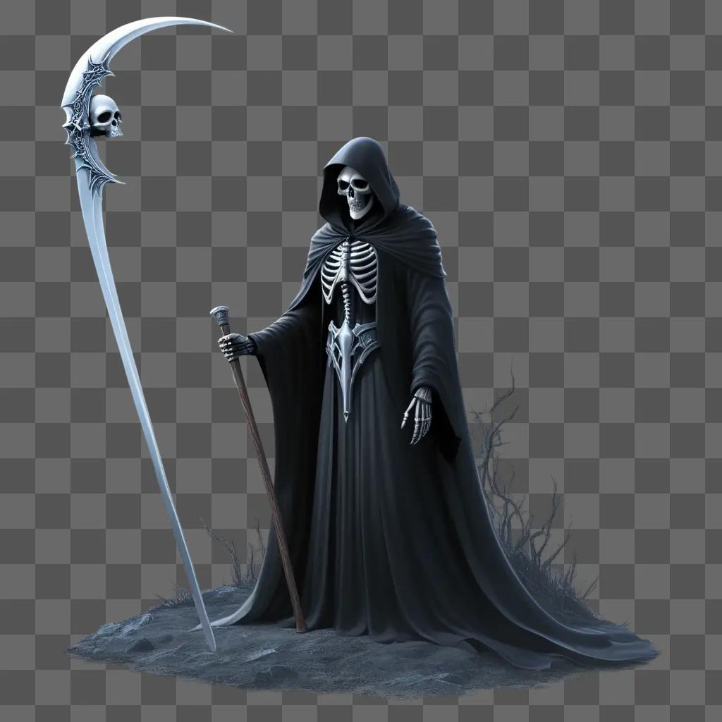 Grim reaper holding a scythe and a staff