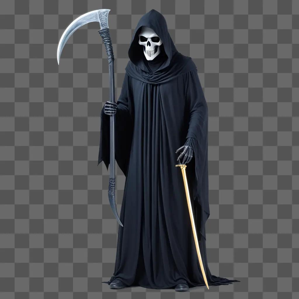 Grim reaper in a black outfit holding a scythe