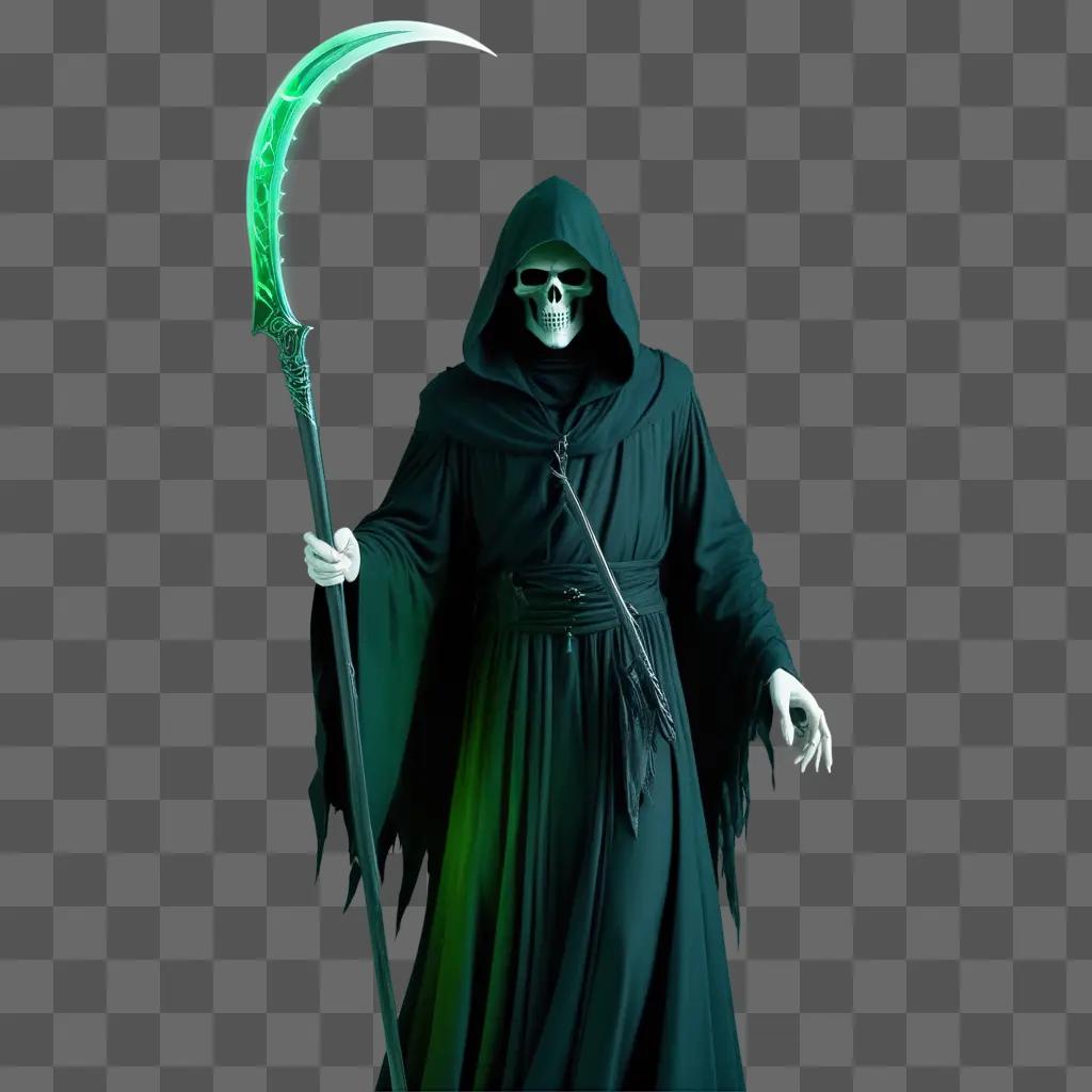 Grim reaper in a black robe with glowing green staff