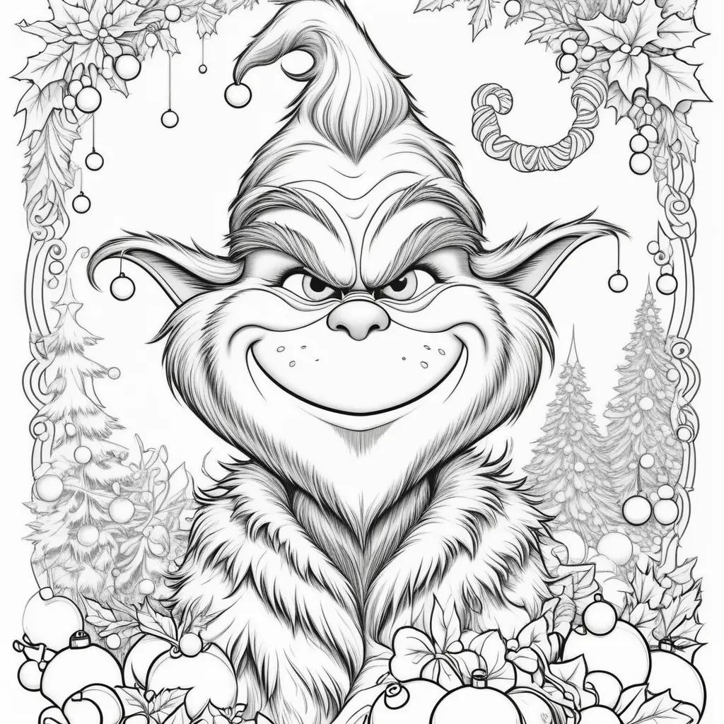 Grinch Christmas coloring pages with ornaments and leaves