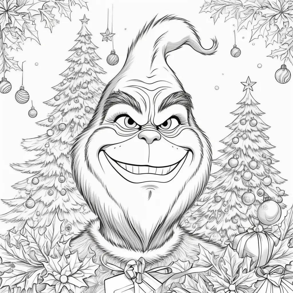 Grinch Christmas coloring pages with ornaments and lights