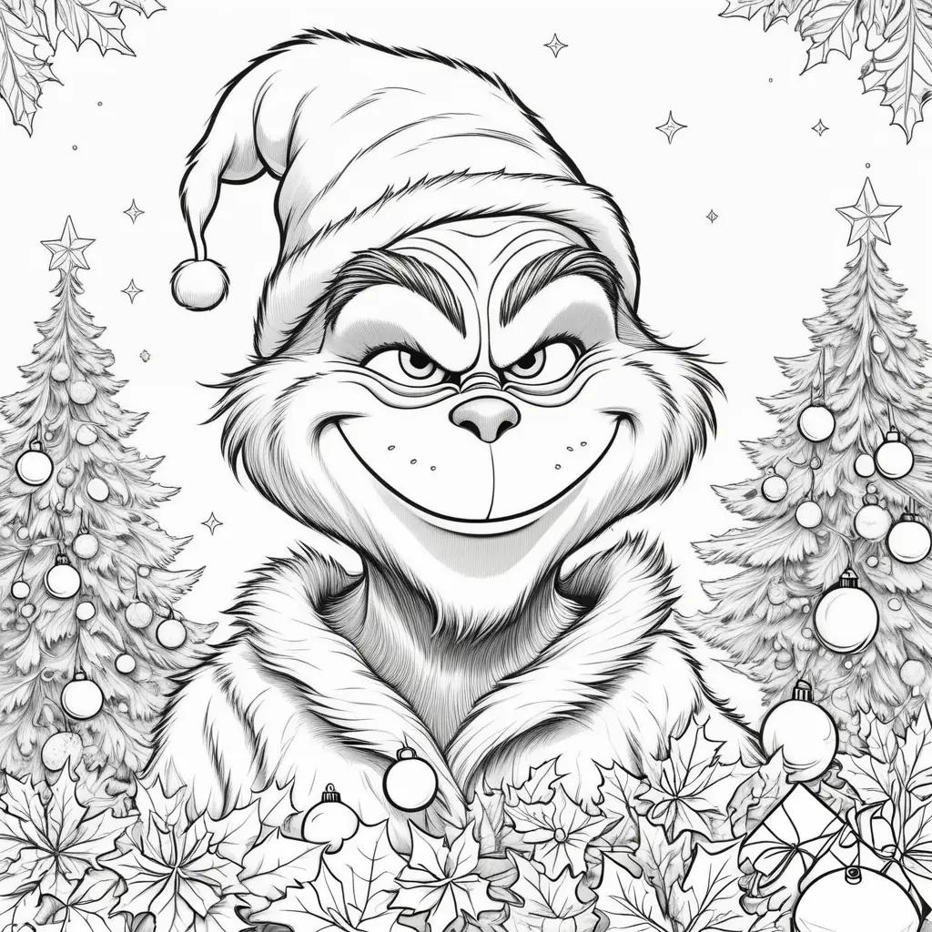 Grinch coloring page with Christmas trees and ornaments